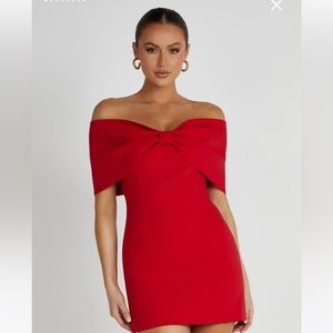MESHKI GWYNETH OFF SHOULDER BOW MINI DRESS - RED